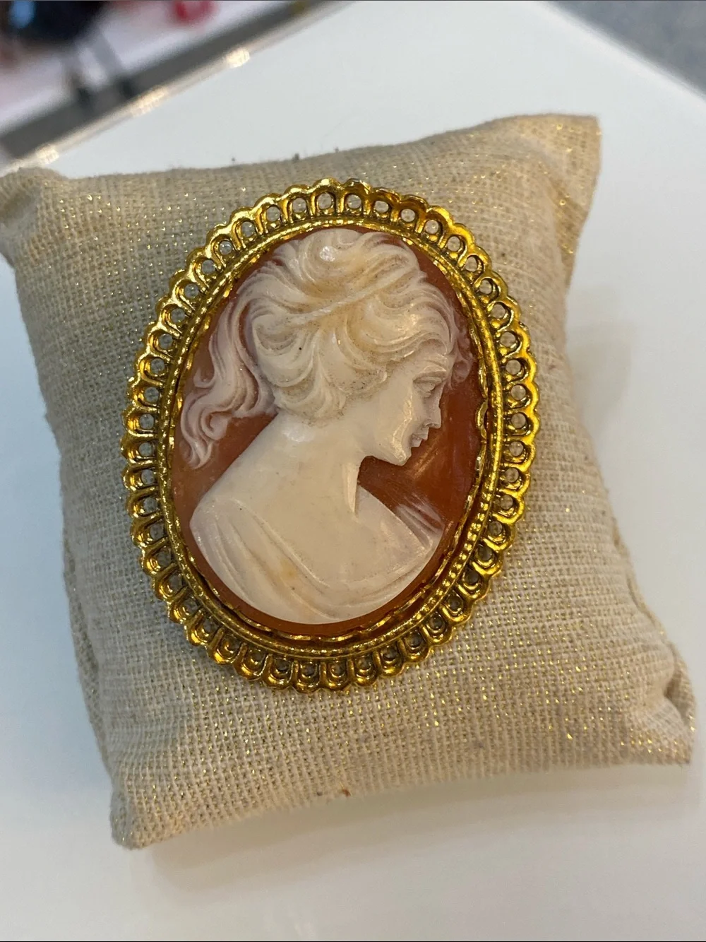 Vintage Cameo Portrait Brooch in Gold and Cream